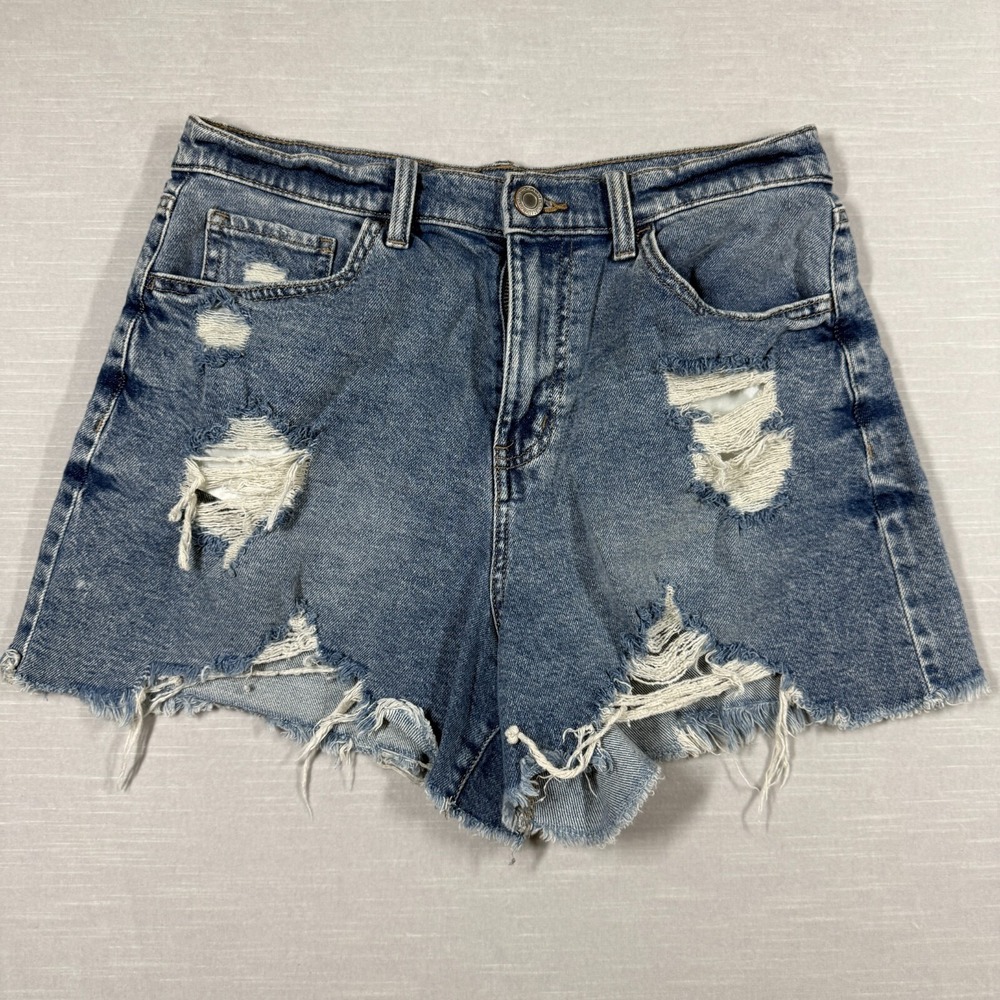 SO Jean Shorts Women 31 Blue Tattered Boyfriend High Casual Holes‎ Ripped Fringe